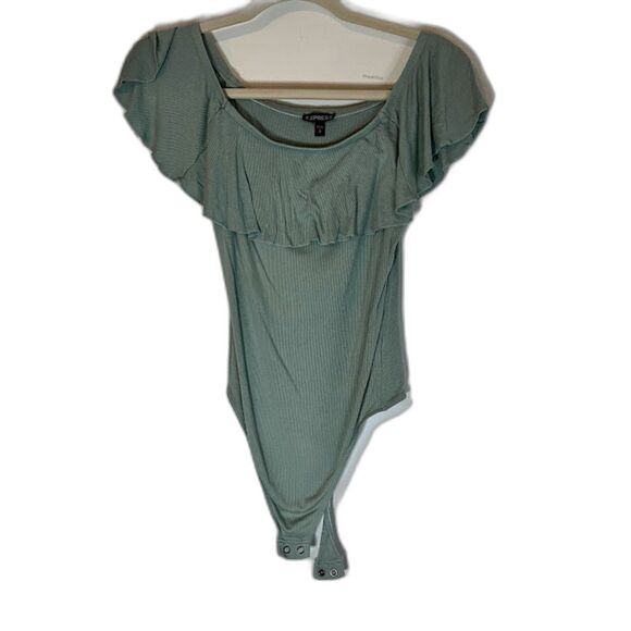 Express Bodysuit S Lght Blue Ruffle Neckline Sleeveless Ribbed Cottagecore Boho - Picture 1 of 3